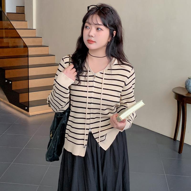 Damen Übergröße Kapuzensweatshirt Damen Gestreifte Oberteile Herbst Strick-Cardigan Jacke