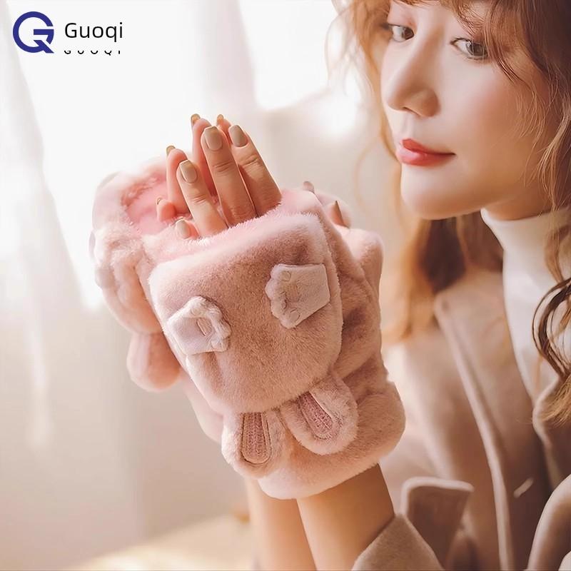 Cute Rabbit Ear Plush Gloves for Girls, Winter Warm Korean Style Student Gloves with Fleece Lining and Thickened Half-Finger Flip Cover