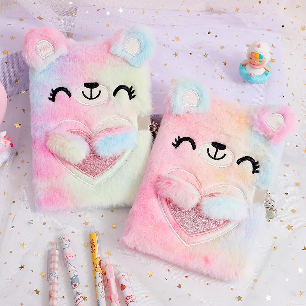 Barns tecknade anteckningsböcker Plysch Söt Björn med Lås Plyschanteckningsbok Student A5 Dagbok Flickpresentbok