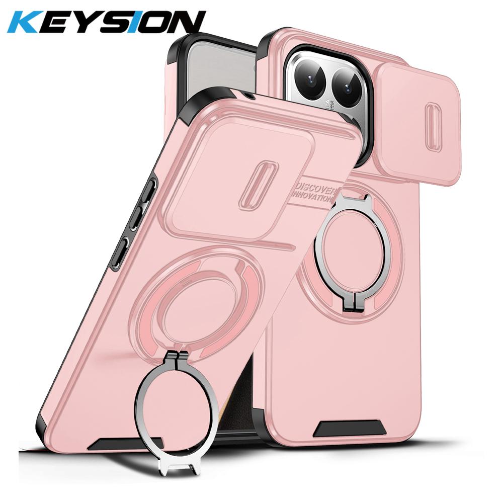 KEYSION 360° Rotating Ring Stand Phone Case for Xiaomi 15T 15T Pro Silicone+PC Slide Camera Protection Magnetic Shockproof Cover