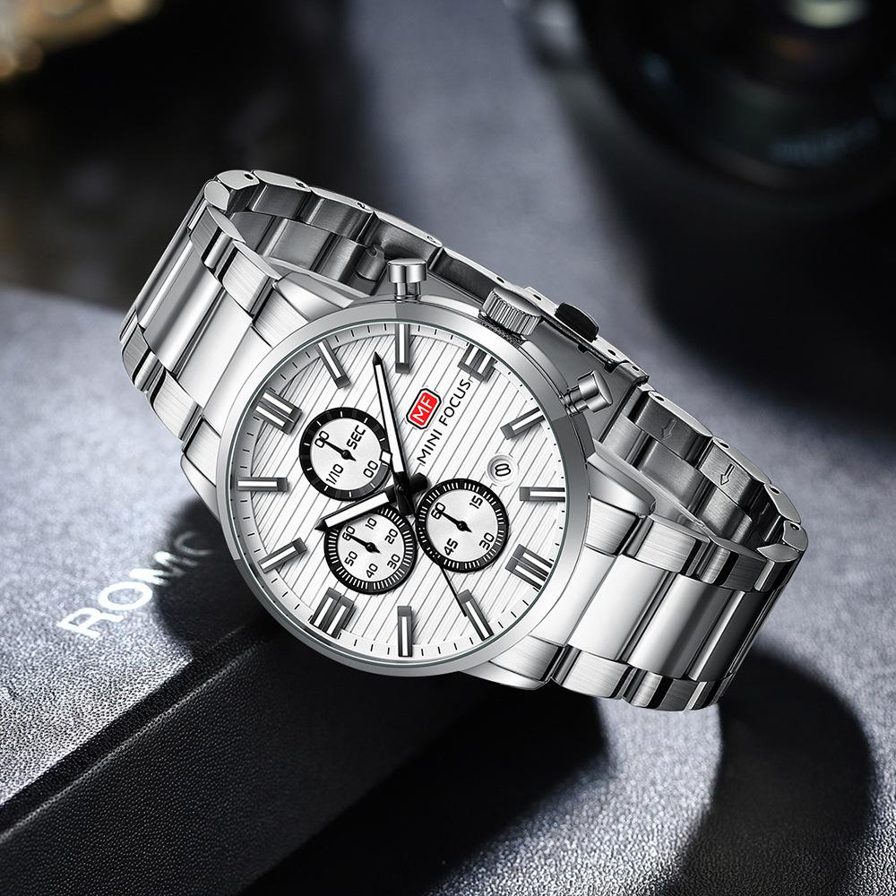 Luxury Men Quartz Watch Chronograph 24H Display Calendar Date Luminous Pointer Stainless Steel Strap Wristwatch