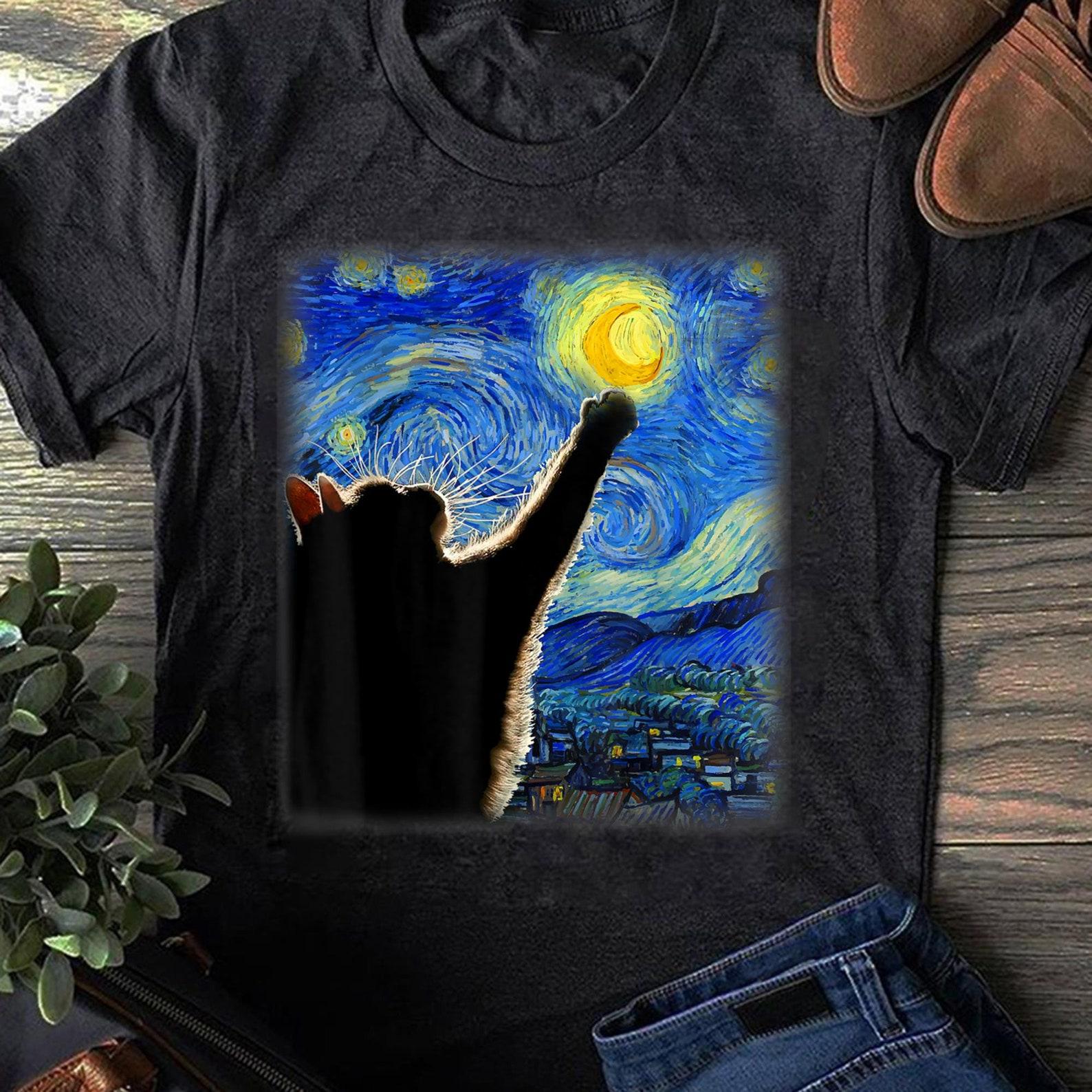 Starry Night Cat T-Shirt - Classic Fit, Cat LoverMom_Dad Gift, Black - Cat Lover Gift, Funny CaT-Shirt, Summer Shirt, Cool Cat, CaT-Shirt 3XL
