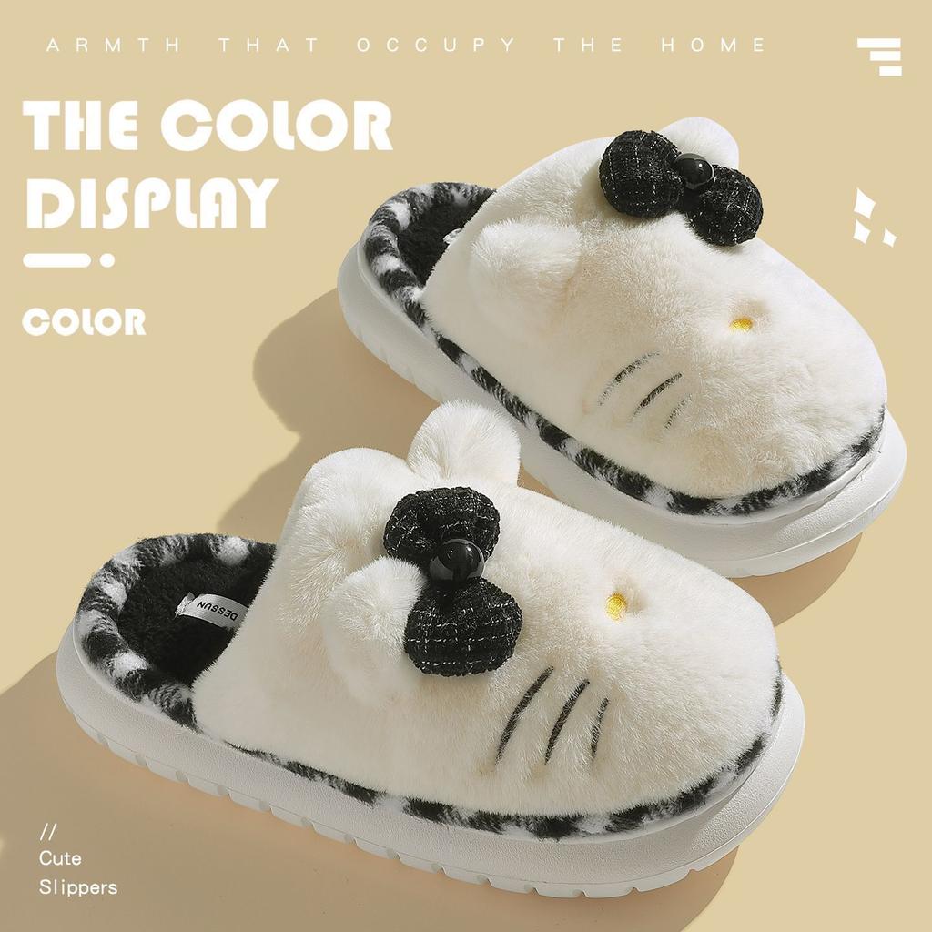 Bow plush cotton slippers autumn and winter indoor home dormitory thermal cotton slippers