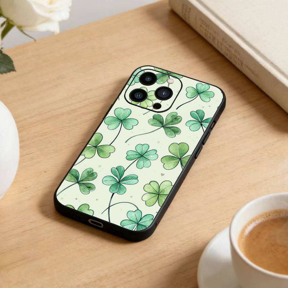 Lucky-Four-leaf Clover Phone Case For iPhone 17 16 15 14 13 12 Max Plus Silicone Black Cover
