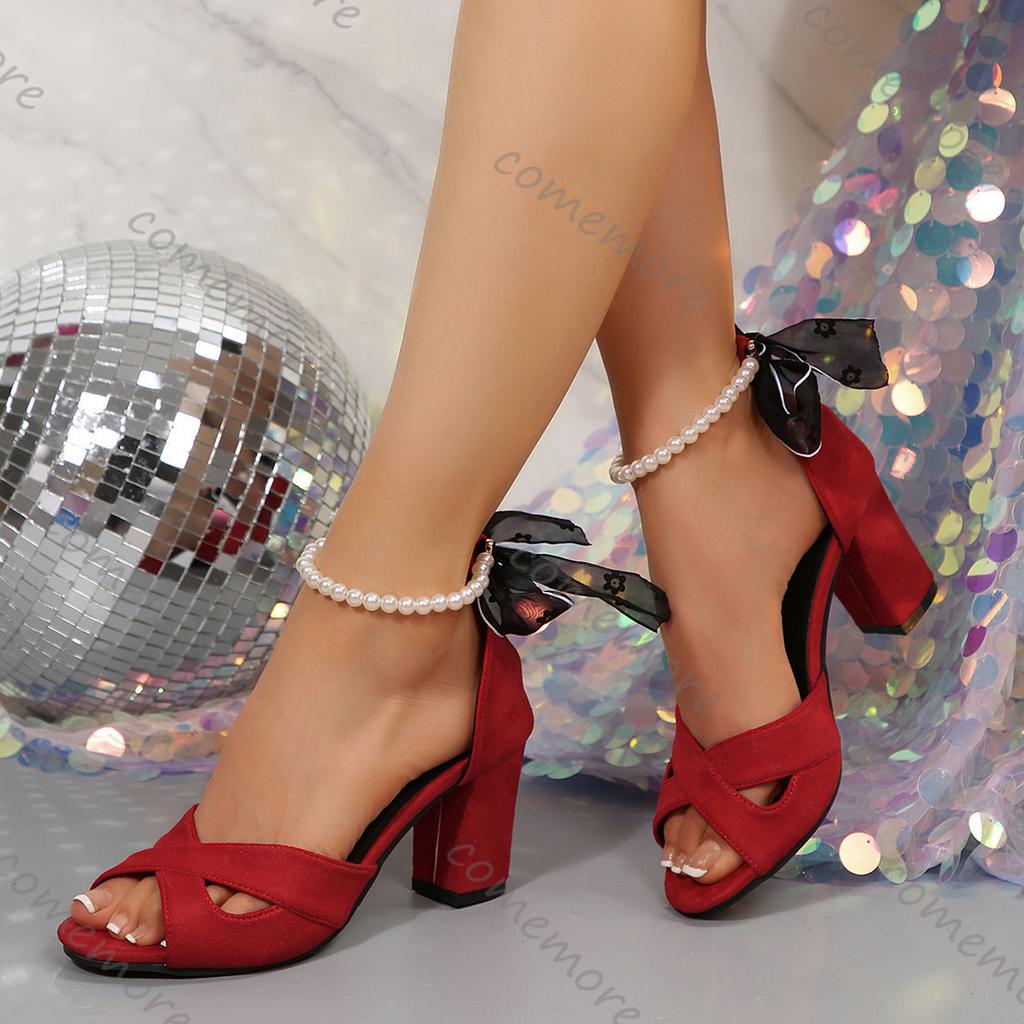 Fashion Comemore 7cm Thick Heeled Shallow Mouth Suede Women Sandals Sexy High Heels Fashion Open-toe Pearl Ankle Buckle Females Sandales