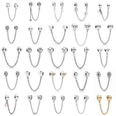 S925 Sterling Silver Sparkling Sparkle Flower Safety Chain Charm Bead Fit Women Original Bracelet Pendant DIY Jewelry