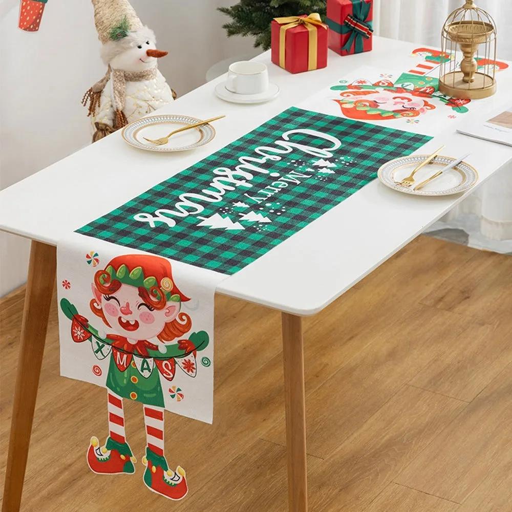 Cartoon Fabric Christmas Tablecloth Xmas Ornament Navidad Table Runner Reusable Merry Christmas Table Flag Christmas