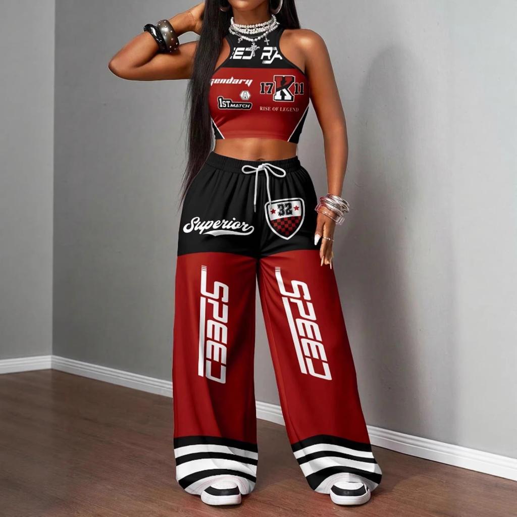 Set T-shirt con Stampa Hip Hop Street e Pantaloni Larghi Casual da Ragazza