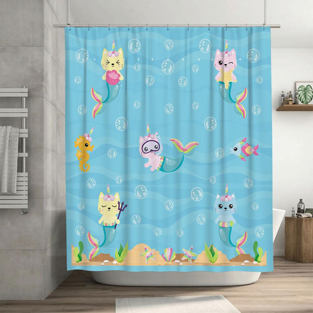 Modrý mořský panna sprchový závěs s potiskem jednorožce a kočky pro dětskou koupelnovou dekoraci, roztomilý design mořského života s bublinkami, látková sada koupelnové předložky (180x