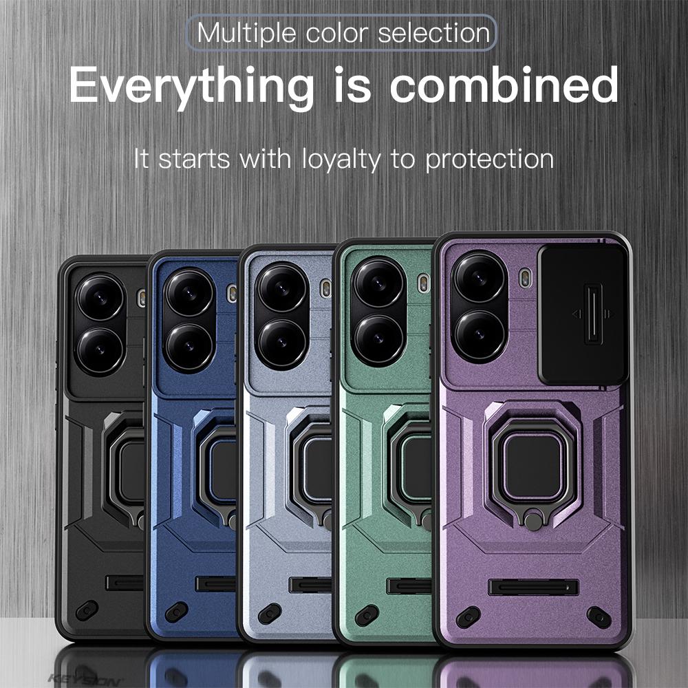 KEYSION Shockproof Armor Case for Xiaomi POCO X7 Pro Slide Camera Lens Protection Ring Stand Phone Back Cover for Redmi Turbo 4