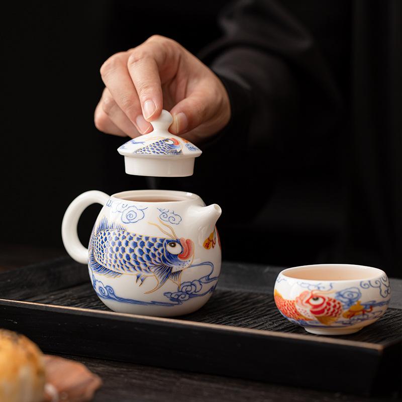 Suet Jade Full Color Arowana Ceramic Longdan Pot Kung Fu Tea Ceremony Tea Set High-end Home Office Tea Drinking Teapot