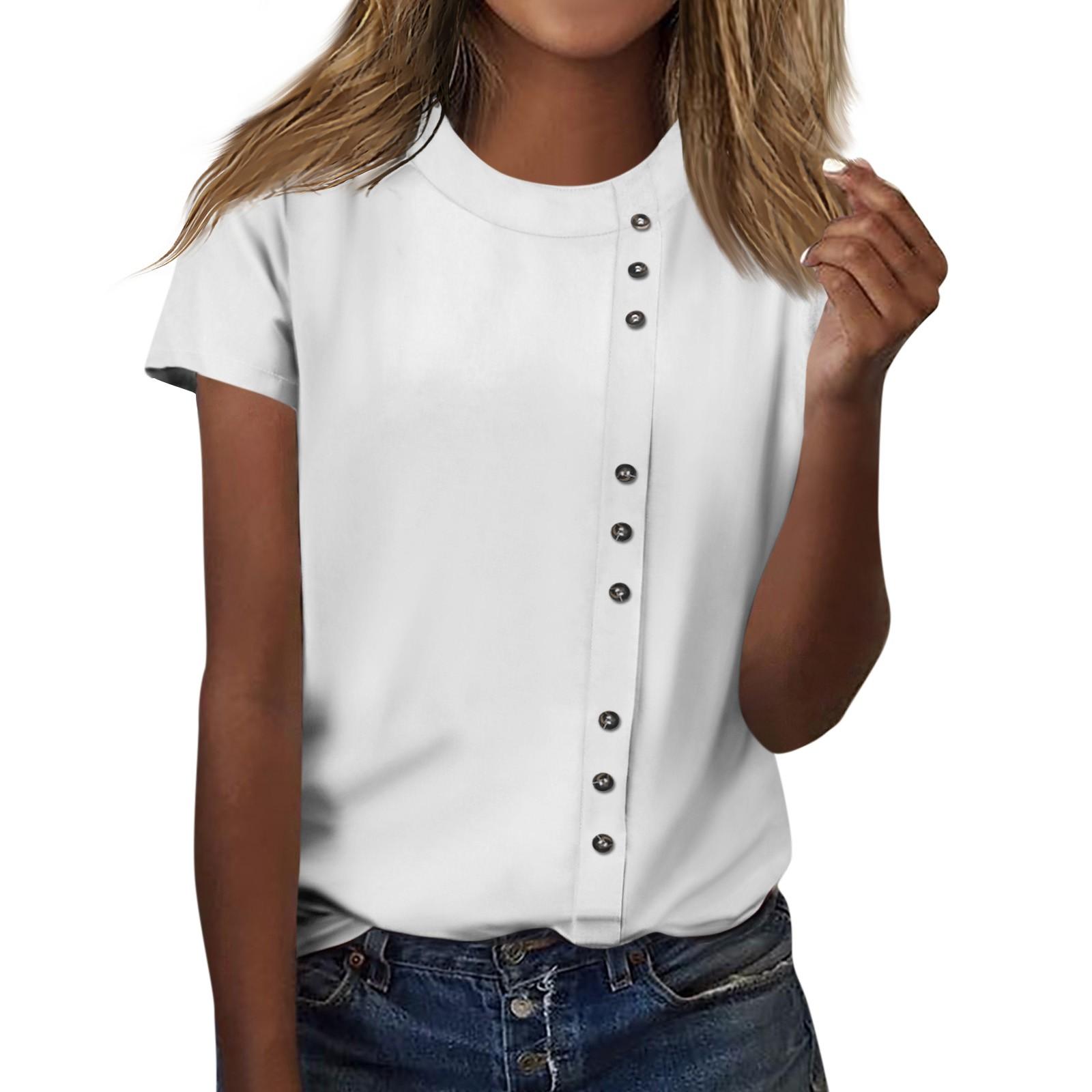 Женская модная повседневная футболка с круглым вырезом и декоративными пуговицами — фото 13
