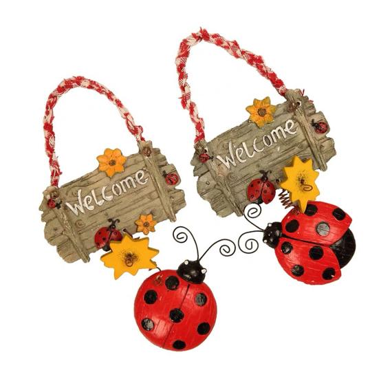 Znak powitalny w stylu kreskówki, słonecznik, dekoracja, żywy kolor, biedronka, wiosenny wieniec na drzwi na podwórko