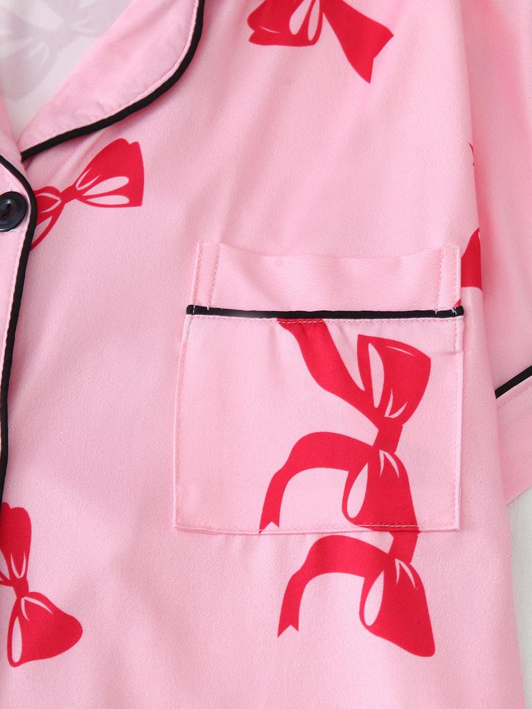 Bow Short-Sleeve Pajama Shorts Set – Stylish Indoor/Outdoor Wear