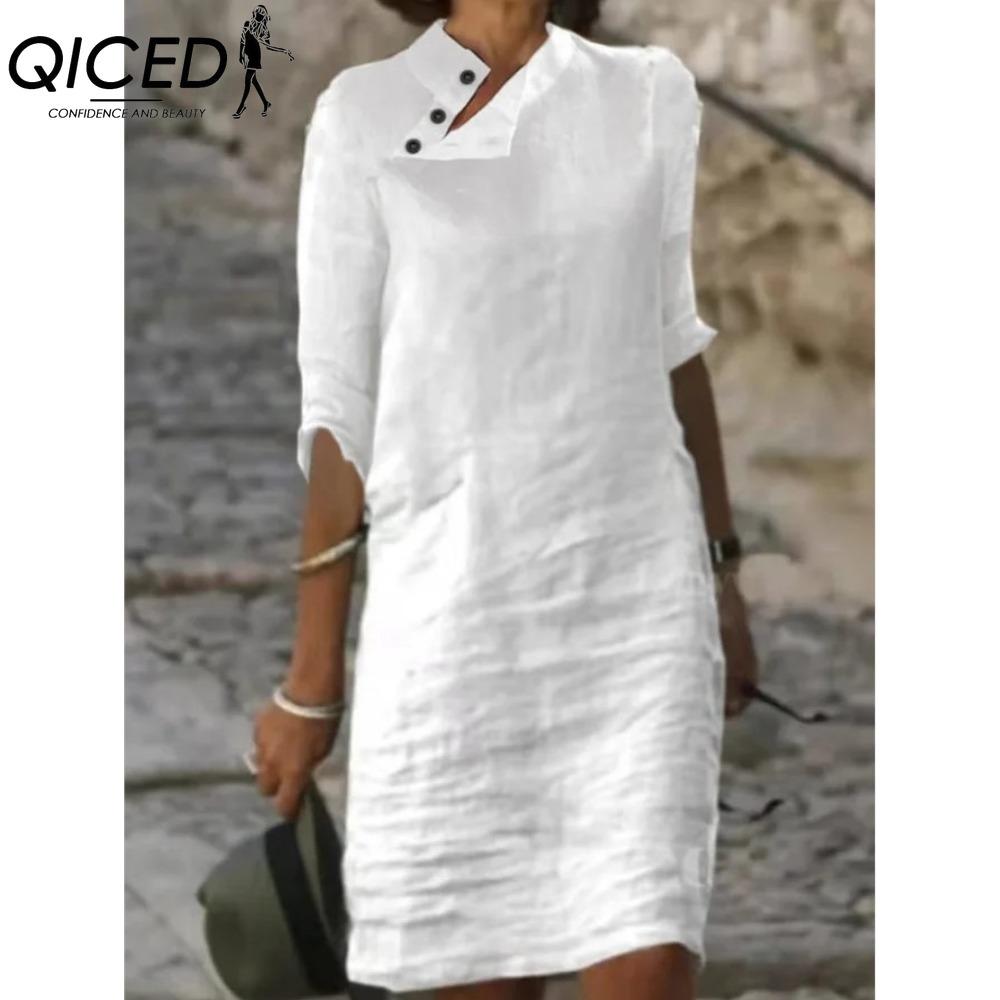 QICED Women's Fashion Summer Spring Solid Color Print Short Sleeve V-Neck High Waist Casual Dresses