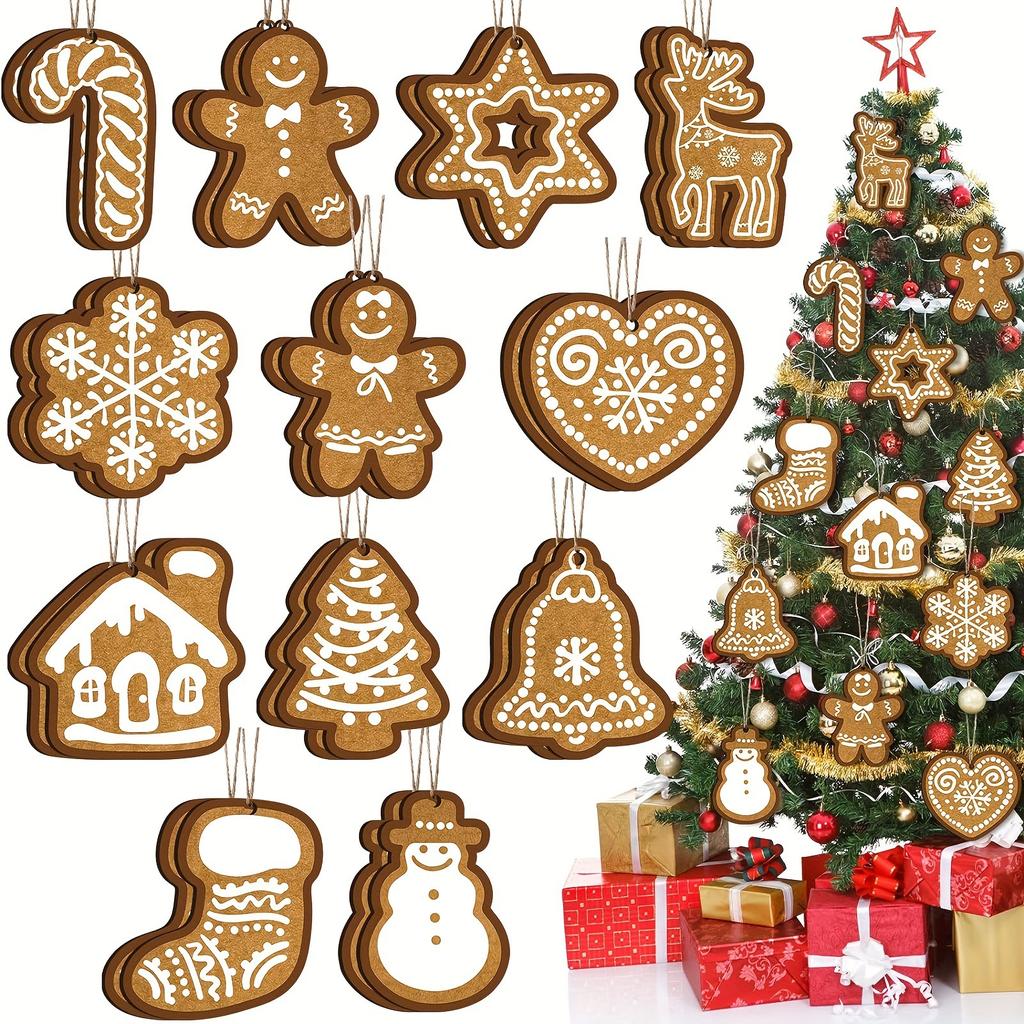 12/24pcs Christmas Tree Pendants Kraft Paper Gingerbread Man Snowflake Elk Shape Hanging Ornaments Xmas Party Gift Tags Label