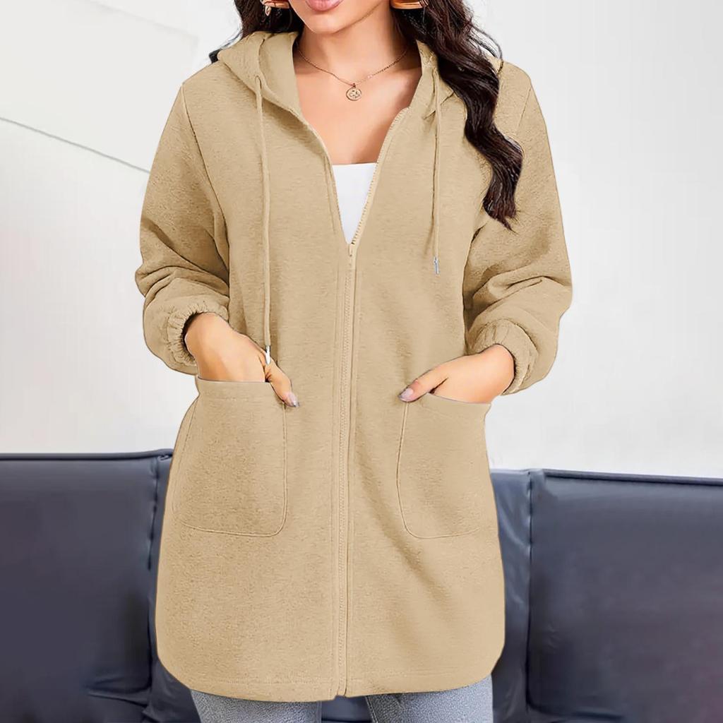 2025 Women's European & American Casual Hooded Long Jacket with Zip Pockets