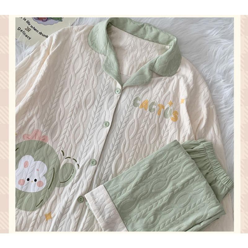 Pajama Set Women's Spring and Autumn Cardigan New Girls Simple Casual Princess Style Home Clothes Long Sleeve Pajama Set