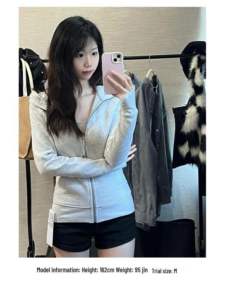 Dámská zeštíhlující mikina s kapucí na podzim/zimu 2024 - Bavlněná mikina se zipem zeštíhlující pas