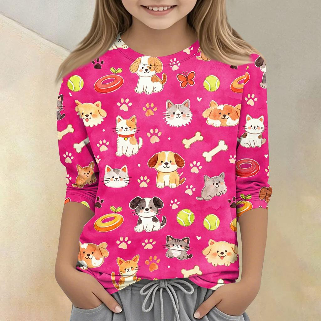 Kids Animal Print Crew Neck Three Quarter Sleeve Casual T Shirt Soft Fabric Comfortable Fit Lightweight Material Suitable for Everyday Wear