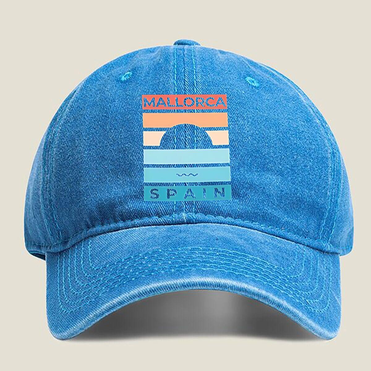 

Mallorca Spain Travel Art Fashion Washed Baseball Cap Hat Outdoor Activities One Size озеро синього кольору