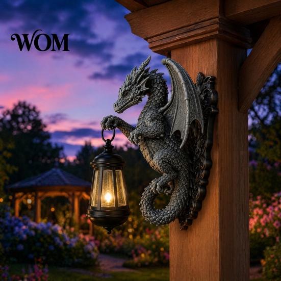 Outdoor Solar Lamp Dragon Wall Light, Vintage Resin Sculpture Lamp, Hanging Lantern Waterproof Gothic Garden for Fence Yard, Halloween Decor