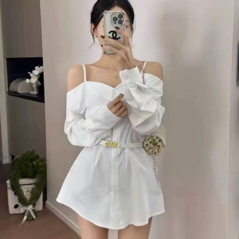 Early autumn new fashion foreign style design sense one-word shoulder short dress niche personality plaid shirt short skirt S