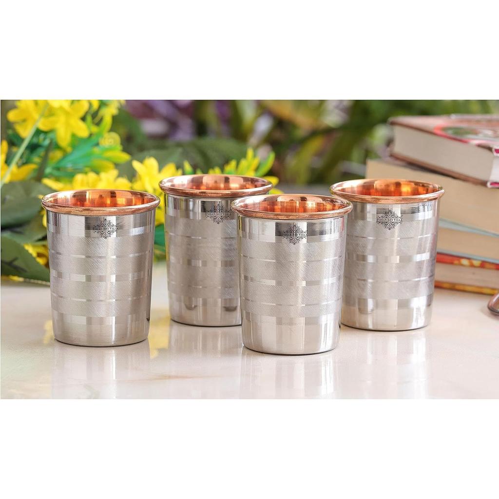 Steel Copper Luxury Glass – 250 ML, Ayurvedic Drinkware for Daily Use, Elegant Steel-Copper Design for Home, Office, and Gifting, Set of 4
