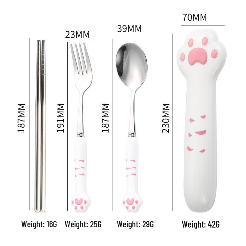 Cat Paw Cute Portable Cutlery: Stainless Steel Dessert Spoon, Fork & Chopsticks Set