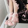 Damen-Lolita-Stiefeletten, runder Zehenbereich, Block-Mitte-Absätze, Kawaii-Schnürung, Schleife, kurze Stiefel, Damen-Cosplay-Schuhe, Herbst-Winter, 46