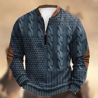3D Printed Men's Half-Front Zip Hoodie with Rubber-Tipped Zipper and Long Sleeves