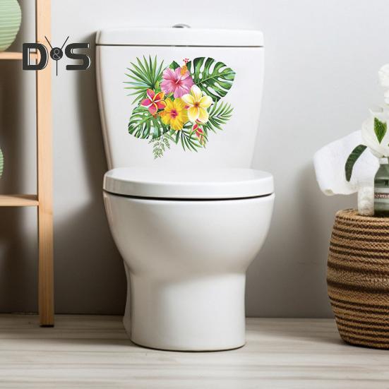 Toilettenaufkleber mit tropischen Blättern und Blumen, abnehmbar, selbstklebend, wasserdicht, PVC, Wanddekoration für Wohnzimmer und Badezimmer, Blumenmotiv, Toilettendeckel, Dekoration