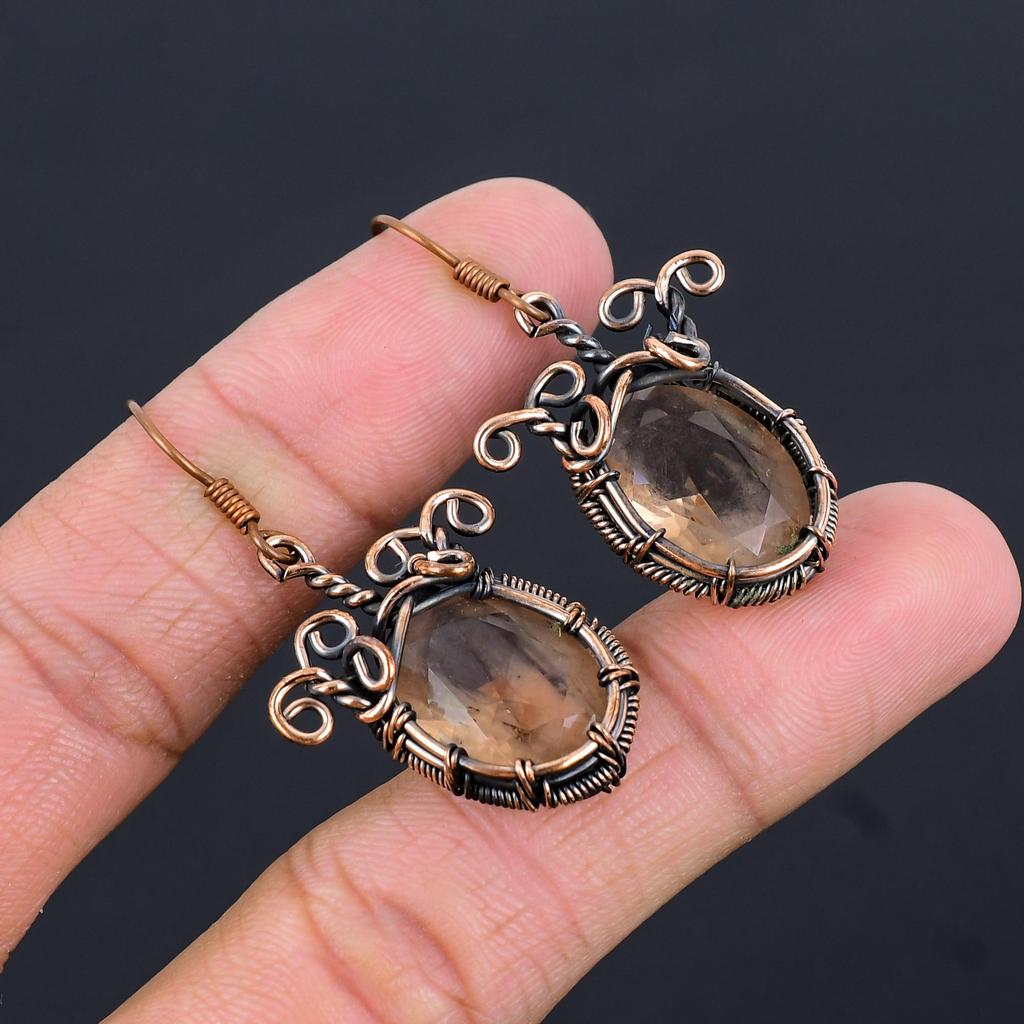 Smoky Topaz Earrings Gemstone Jewelry, 999 Copper Wire Wrapped Earrings, Handmade Beautiful Jewelry Earrings