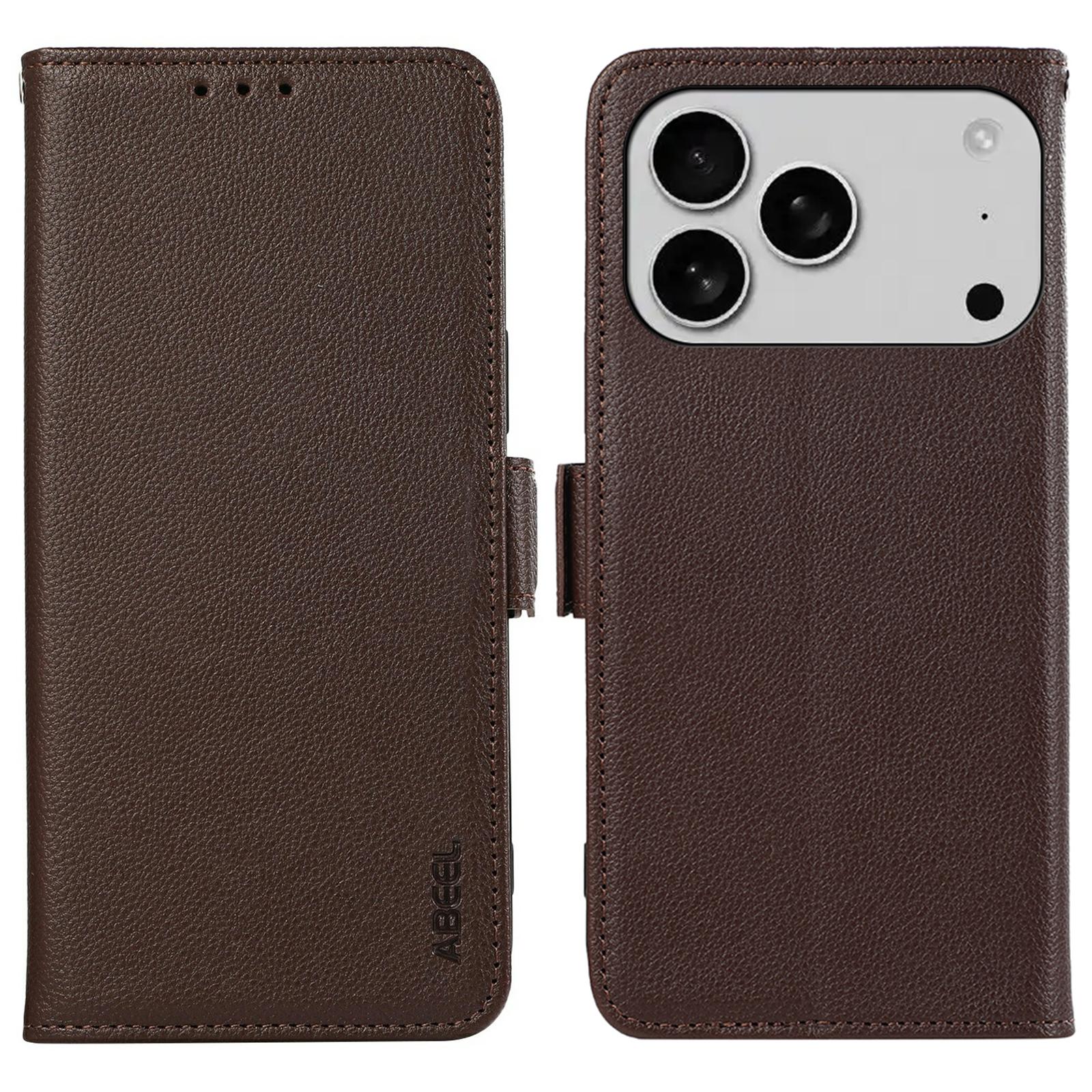 

ABEEL For iPhone 17 Pro Max Case Litchi Texture Leather RFID Blocking Phone Cover Brown