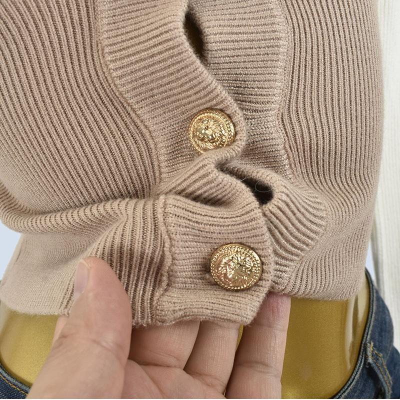 V-neck Sexy Sweater Thick Short High Waist Breasted Tight Cardigan Color Matching Classic Style Metal Buckle Outer Wear for Women