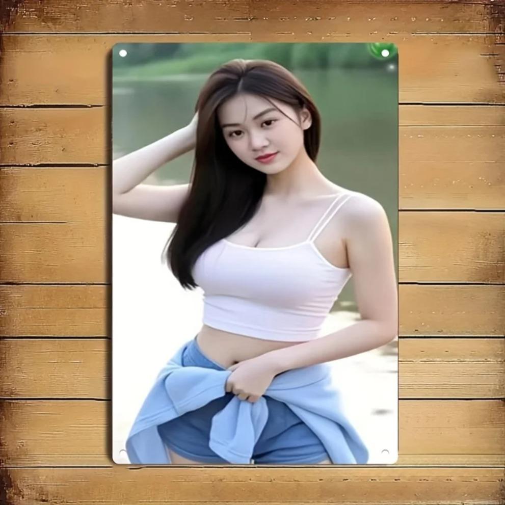 Hisun Tin Sign HD Metal Tin Sign Stunning Asian Beauty In White Cami Crop Top Denim Shorts Retro Wall Art D Flat Iron Painting Plaque for Ho