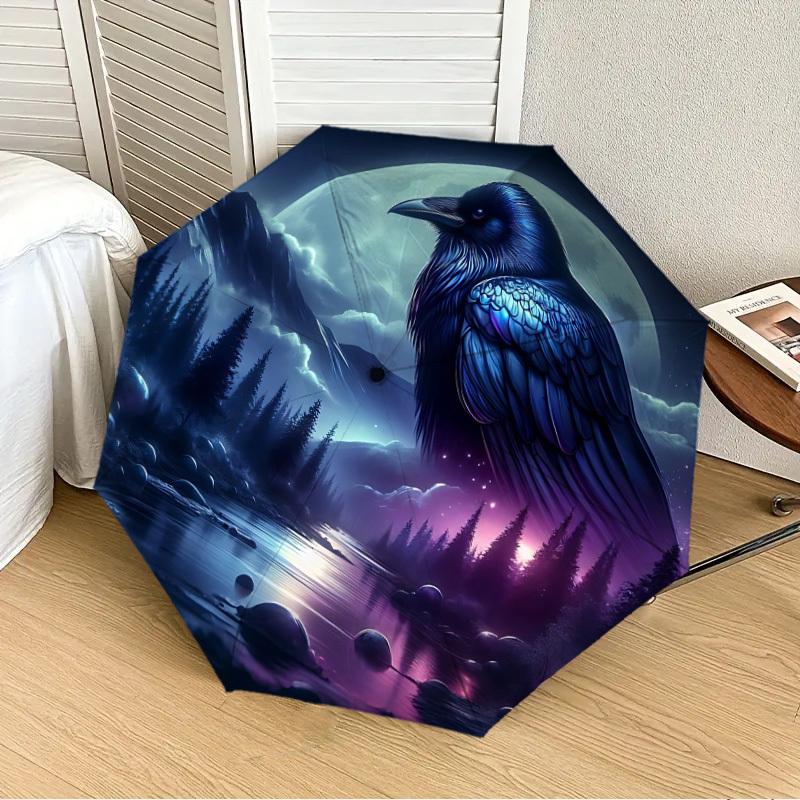 1pc Moonlit Raven Night Automatic Folding Umbrella, 8 Ribs Iron Frame, Suitable for Outdoor Travel and Daily Use Yy251120247
