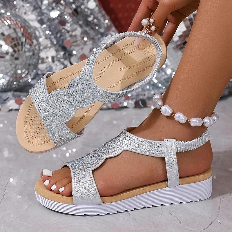 Fashion Fashion Silver Crystals Platform Sandals Women Summer Elastic Band Thick Bottom Sandles Woman 2025 Lightweight Beach Sandals