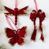 Wine Red Plush Christmas Tree Pendant Glitter Bow Christmas Decorations  Holiday Season
