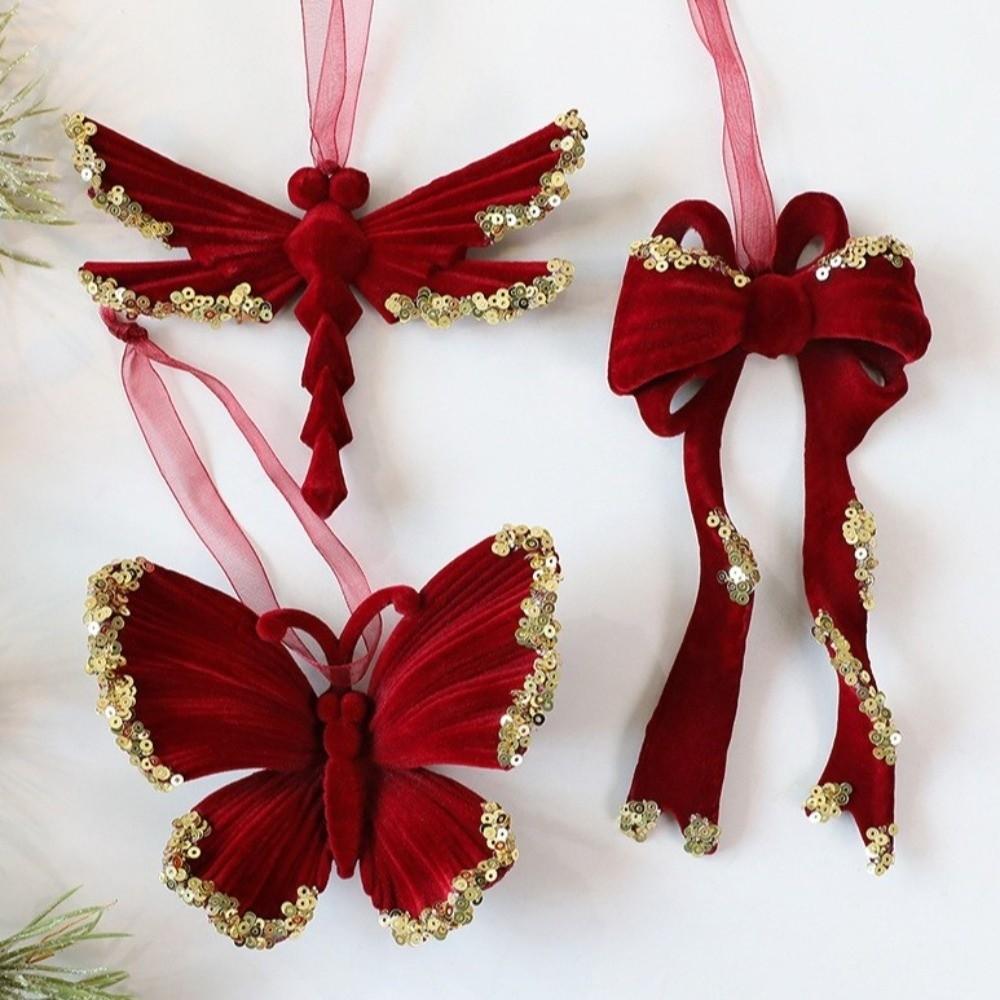 Wine Red Plush Christmas Tree Pendant Glitter Bow Christmas Decorations Holiday Season