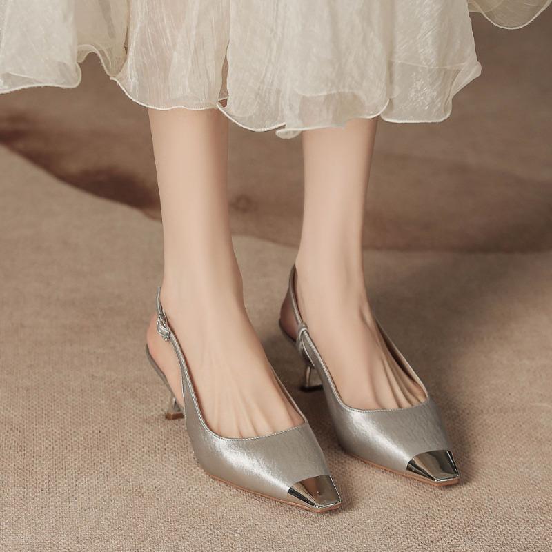 

H6883-8 silk shoes children solid color half bag head empty women s shoes high heel sandals iron head new 39