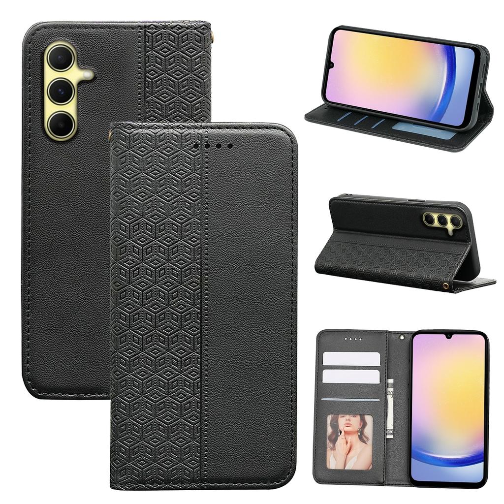 For Samsung Galaxy A15 4G/5G Wallet Phone Case Strong Magnetic Checkered Pattern Imprint Leather Flip Cover