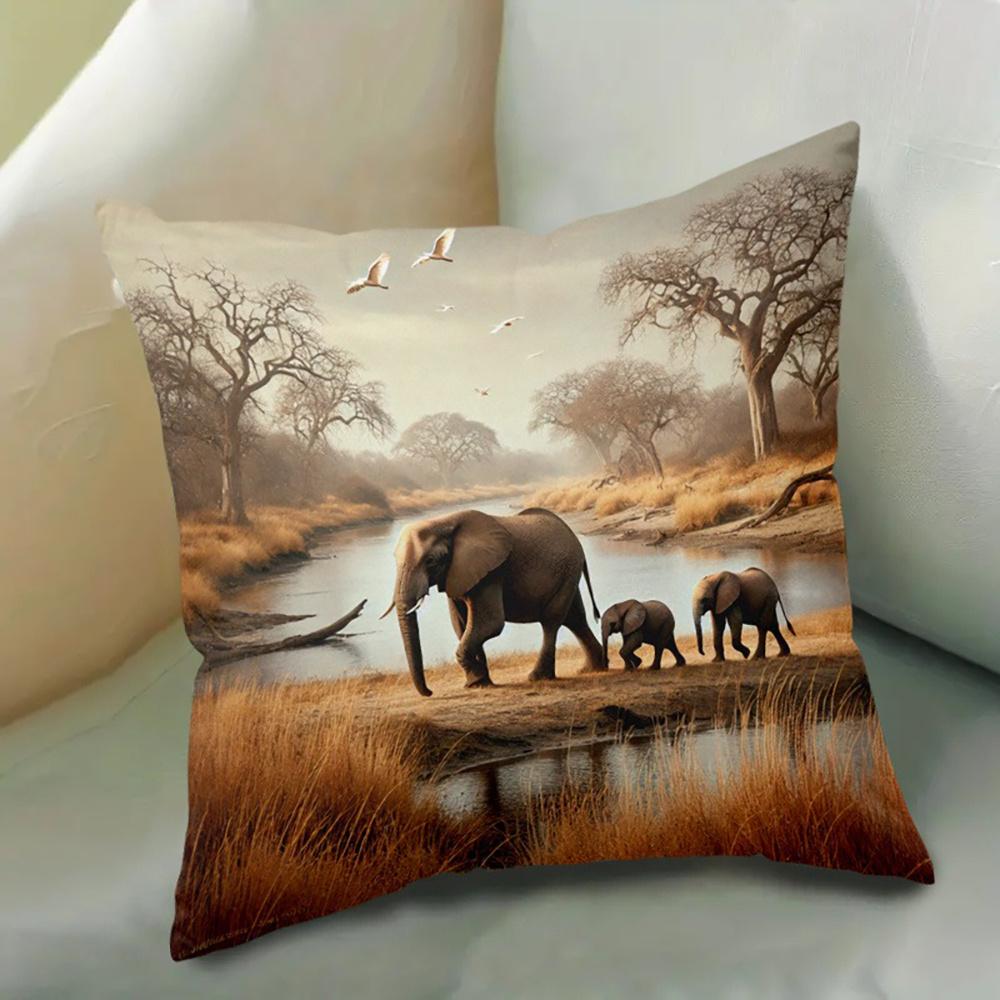 Elephant Family DoubleSided Decorative Throw Pillow Case African Safari Wildlife Cushion Cover for Sofa Home Decor