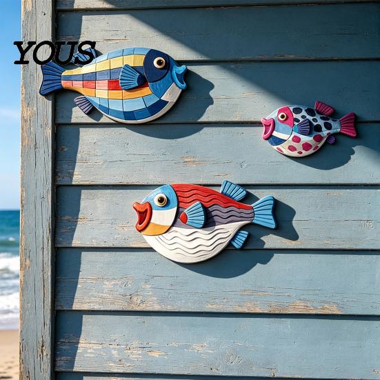 Indoor Balcony Wall Decorations 3Pcs Wooden Fish Art, Nautical Hanging Ornaments, Rustic Ocean Style Coastal Ornaments Sculpture, for Beach