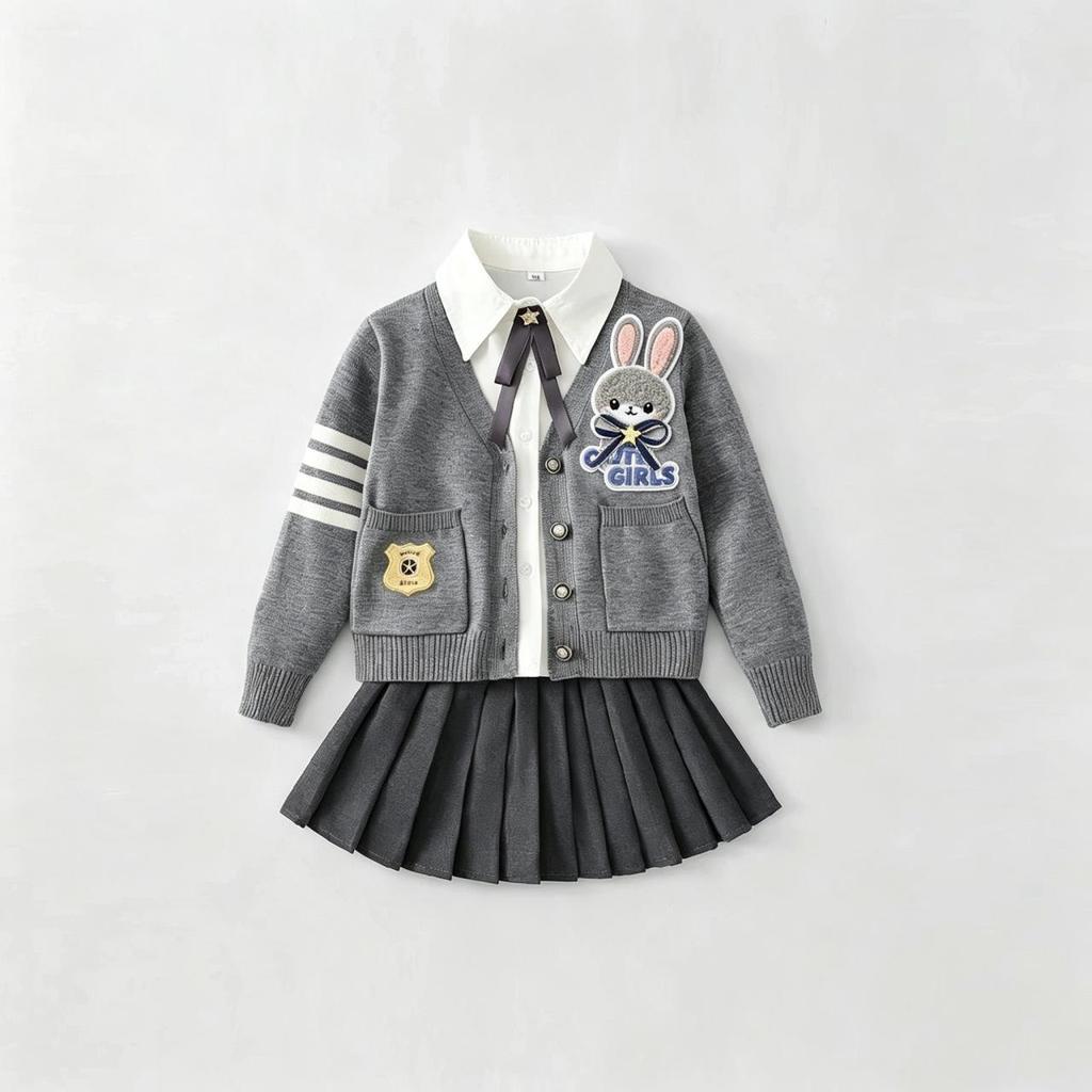 Girls' Autumn Rabbit Police Officer JK Uniform Set - Includes Woolen Pleated Skirt