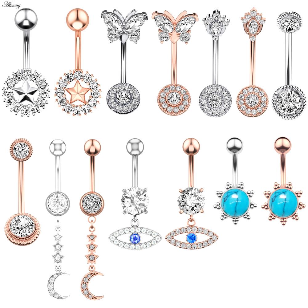 Alisouy 1pc Surgical Steel Crystal Zircon Star Butterfly Moon Stones Dangle Button Navel Piercing Ring Belly Ring Body Jewelry