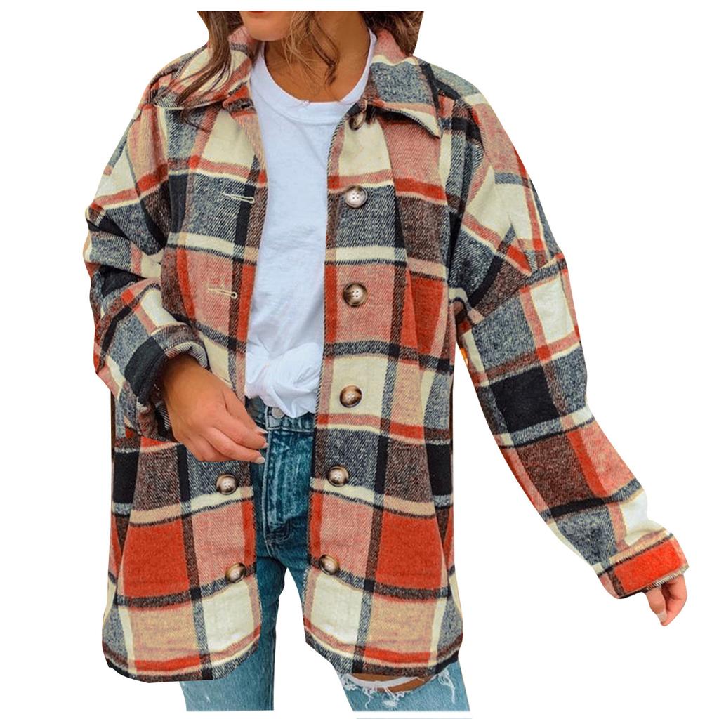 Women Fashion Lattice Lapel Button Casual Long Sleeve Loose Overcoat Coat