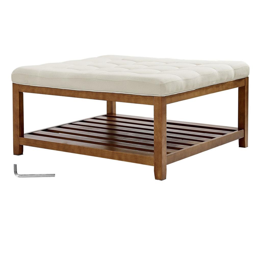 VEVOE Large Square Ottoman Coffee Table, 87.5 Cm Tufted Coffee Table with Solid Wood Shelf Storage, Linen Solid Upholstered Footrest Ottoman for