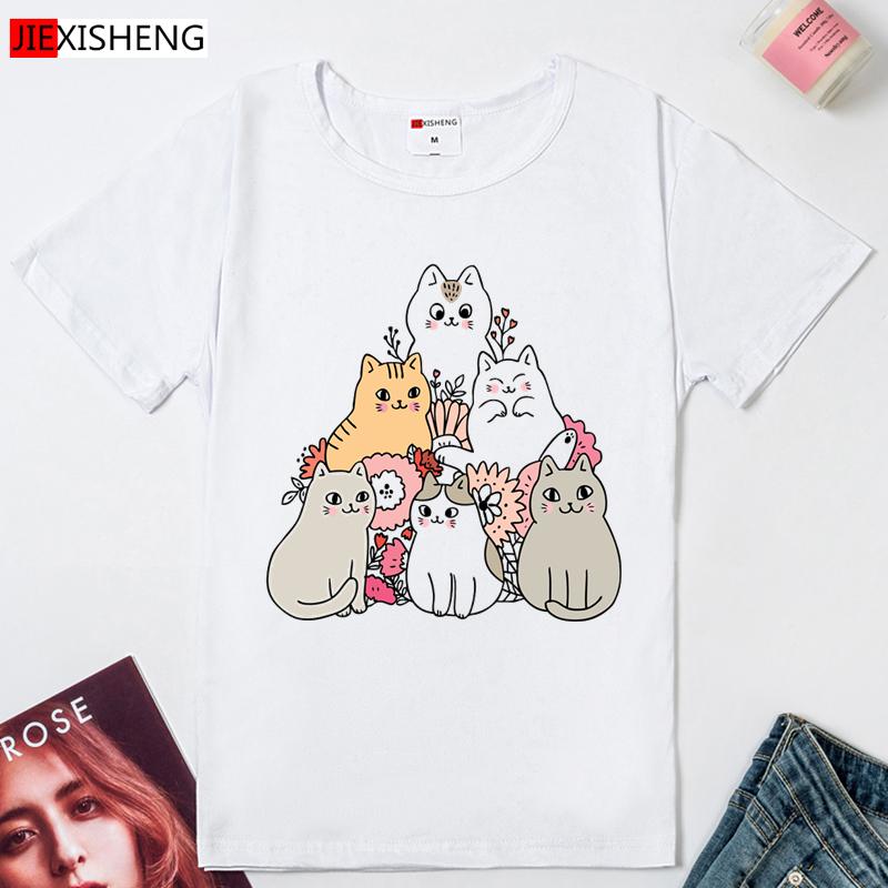 

6 Cats Funny Cartoon Graphics Print Women T Shirt Ladies Short Sleeve O-Neck T-Shirt 5 Colors Harajuku Tee Shirt XXXL білий