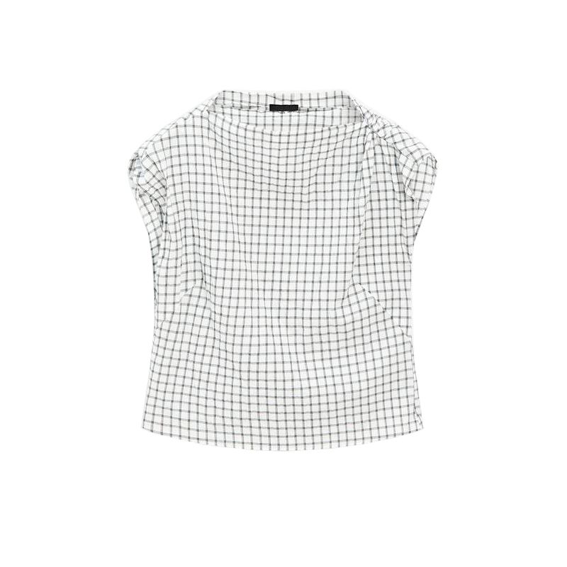 

MD Spring/Summer New Arrival Women s Clothing French Commute Style Draped Collar Plaid Waist-Tight Short Sleeve Shirt Top 5114614 White L